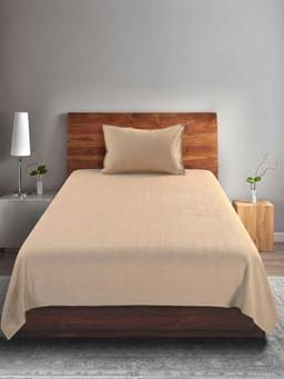 Saral Home - Beige Striped Cotton Single Bedsheet and Pillow Cover