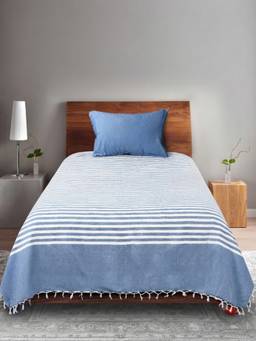 Saral Home - Blue Cotton Even Stripe Single Bedsheet with Pillow Cover