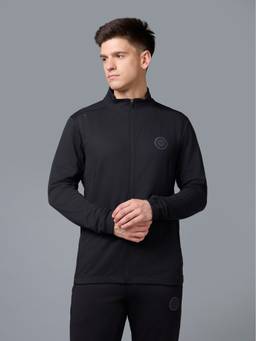 Technosport - Black Men Solid Slim Fit Mock Neck Sports Jacket with Elasto Plus