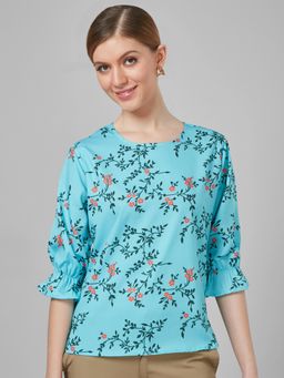 Style Quotient - Women Blue and Multi Floral Printed Polyester Smart Casual Top