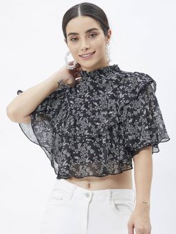 Kibo - Women Black Chiffon Sleeveless Ruffled Top