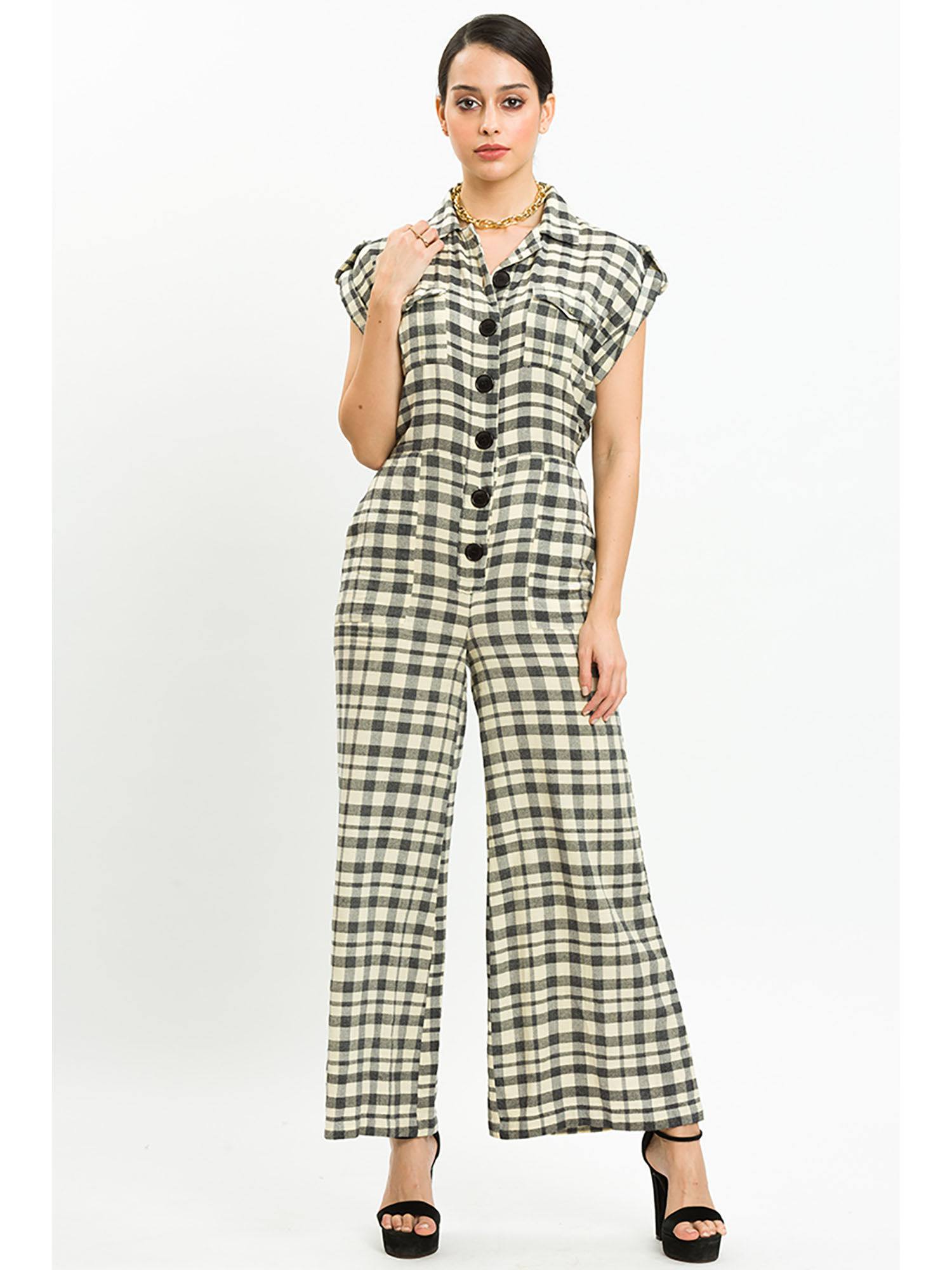 Cream Black Gingham Check Front Button Jumpsuit-picture-15