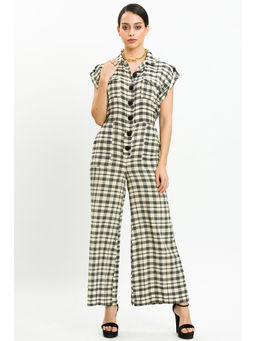 How When Wear - Cream Black Gingham Check Front Button Jumpsuit