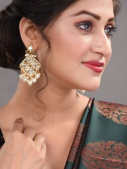 Saraf RS Jewellery - Gold Plated Kundan Studded and Pearl Beaded Square Drop Earrings