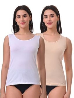 Adira - Inner Tank Style Camisole with Wide Shoulder White & Beige (Pack of 2)