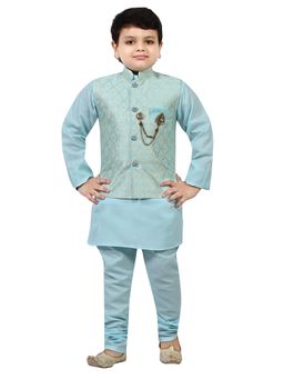 BT DEZINES - Boys Sky Blue Cotton Woven Nehru Jacket with Kurta Chudidar (Set of 3)