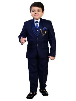 BT DEZINES - Navy Blue Solid Shirt, Waistcoat, Blazer and Pant with Tie (Set of 5)