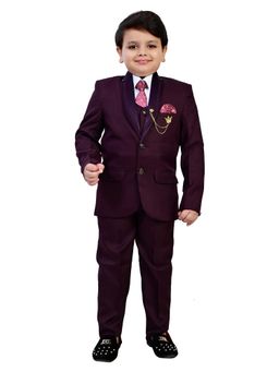 BT DEZINES - Wine Solid Shirt, Waistcoat, Blazer and Pant with Tie (Set of 5)