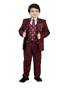 BT DEZINES - Maroon Solid Shirt, Waistcoat, Blazer and Pant with Tie (Set of 5)