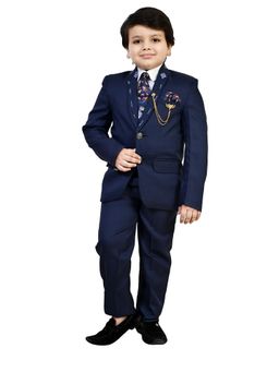 BT DEZINES - Navy Blue Solid Shirt, Waistcoat, Blazer and Pant with Tie (Set of 5)