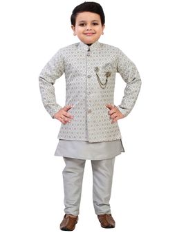 BT DEZINES - Boys Grey Woven Indo Kurta with Sherwani & Pyjama (Set of 3)