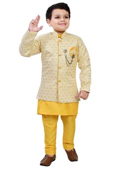 BT DEZINES - Boys Yellow Woven Indo Kurta with Sherwani & Pyjama (Set of 3)