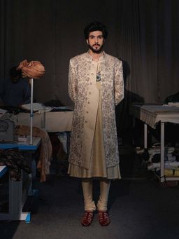 Jatin Malik - Gold Embroidered Sherwani with Kurta and Churidar (Set of 3)