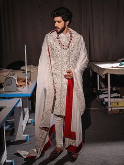 Jatin Malik - Imperial White Embroidered Sherwani with Kurta and Churidar (Set of 3)