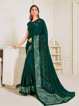 Odette - Dark Green Lycra Designer Saree with Unstitched Blouse