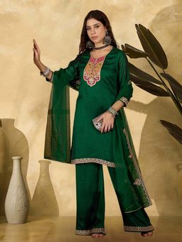 KVS FAB - Green Vichitra Zari Sequence Thread Cording Embroidery Kurta With Palazzo And Dupatta Set