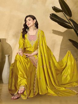 KVS FAB - Yellow Poly Chinon Zari Sequence Thread Cording Embroidered Kurta with Pant And Dupatta