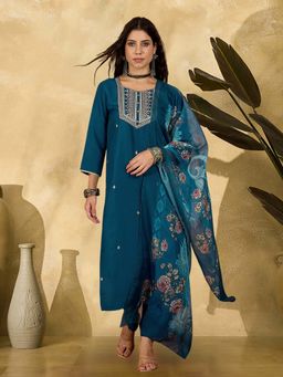 KVS FAB - Blue Rayon Sequece Thread Cording Embroidered Kurta With Pant And Dupatta