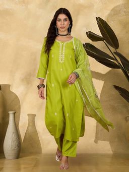 KVS FAB - Neon Green Rayon Thread Embroidered Kurta With Pant And Dupatta