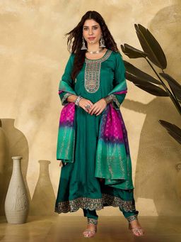 KVS FAB - Rama Silk Blend Zari Sequence Embroidery With Mirror Work A Line Kurta With Pant And Dupatta Set
