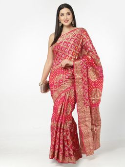 KISHORI - Women Silk Bandhani and Zari Weaving Saree with Unstitched Blouse - Pink & Red