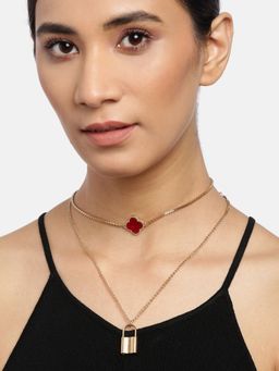 Blueberry - Gold Plated Chain Layered Lock Pendant Detailing Necklace