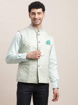 Turtle - Men Green Floral Mandarin Neck Nehru Jacket