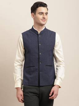 Turtle - Men Navy Blue Textured Mandarin Neck Nehru Jacket