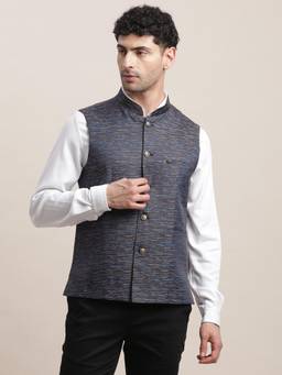 Turtle - Men Blue Printed Mandarin Neck Nehru Jacket