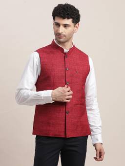 Turtle - Men Red Printed Mandarin Neck Nehru Jacket