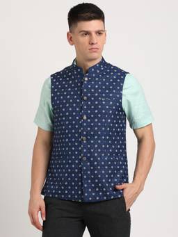 Turtle - Men Blue Floral Mandarin Neck Nehru Jacket