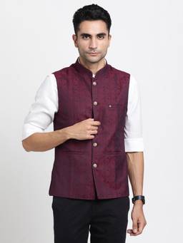 Turtle - Men Maroon Floral Mandarin Neck Nehru Jacket