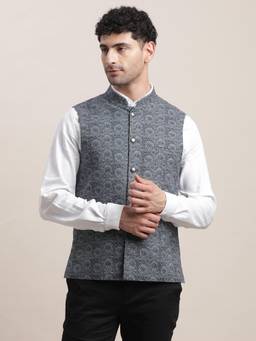 Turtle - Men Blue Floral Mandarin Neck Nehru Jacket