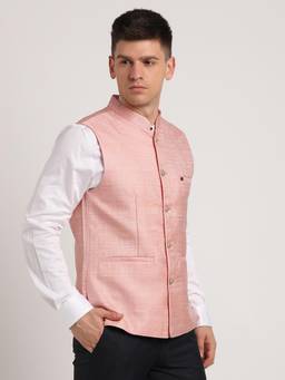 Turtle - Men Pink Textured Mandarin Neck Nehru Jacket