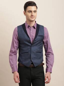 Turtle - Men Navy Blue Textured Shawl Lapel Waist Coat