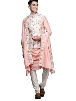 Manyavar - Men'S Peach Art Silk Festive Wear Kurta Jacket Pyjama (Set of 3)
