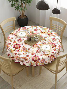The Home Story - 100% Cotton 4 Seater Round Table Cover 60x60 Inches Maroon Flowers