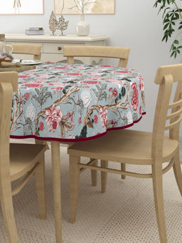The Home Story - 6 Seater Oval Dining Table Cover 60x90 Inches Pink Maroon Flowers