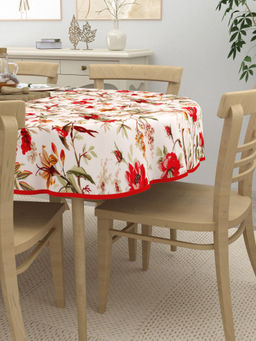 The Home Story - 6 Seater Oval Dining Table Cover 60x90 Inches Red Flowers & Birds