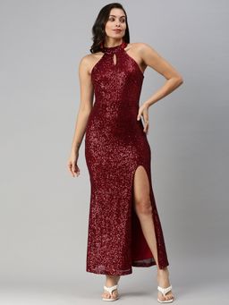 SHOWOFF - Women's Maxi Embellished Maroon Keyhole Neck Bodycon Dress