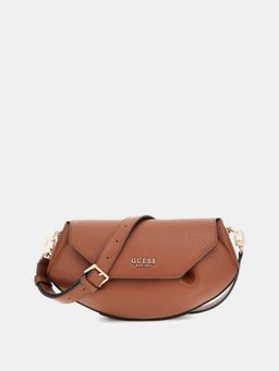 Guess - Brown Solid Amorette Flap Crossbody Bag with Detachable Strap