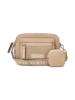 Guess - Brown Solid Garnon Crossbody Bag with Pouch and Detachable Strap