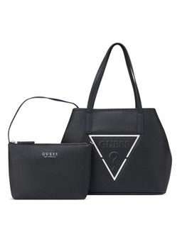 Guess - Black Solid Portini Trap Tote Bag with Pouch