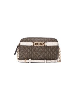 Guess - Brown Printed Perrez Mini Top Zip Crossbody Bag