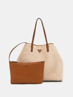 Guess - Beige Solid Victtoria 2 In 1 Tote Bag with Pouch with Pouch