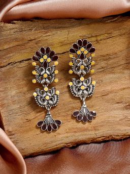 Estele - Rhodium Plated Oxidised Maroon and Yellow Meenakari Earrings with Enamel for Women