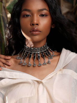 Indya - Oxidized Silver Black Stone Meenakari Necklace