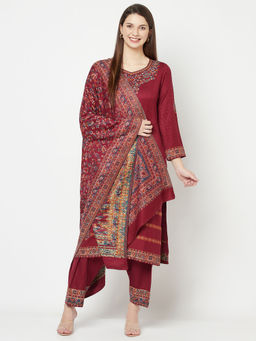 Safaa - Women Winter Acro Wool Woven Suit With Stole Unstitched Dress Material-Red