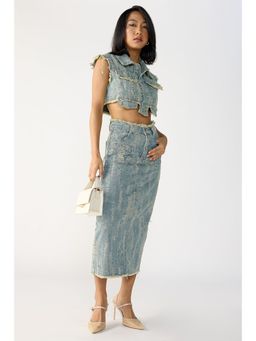FREAKINS - Textured Blue Denim Crop Shirt with Skirt (Set of 2)