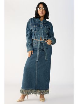 FREAKINS - Grunge Blue Denim Crop Shirt with Skirt and Belt (Set of 3)